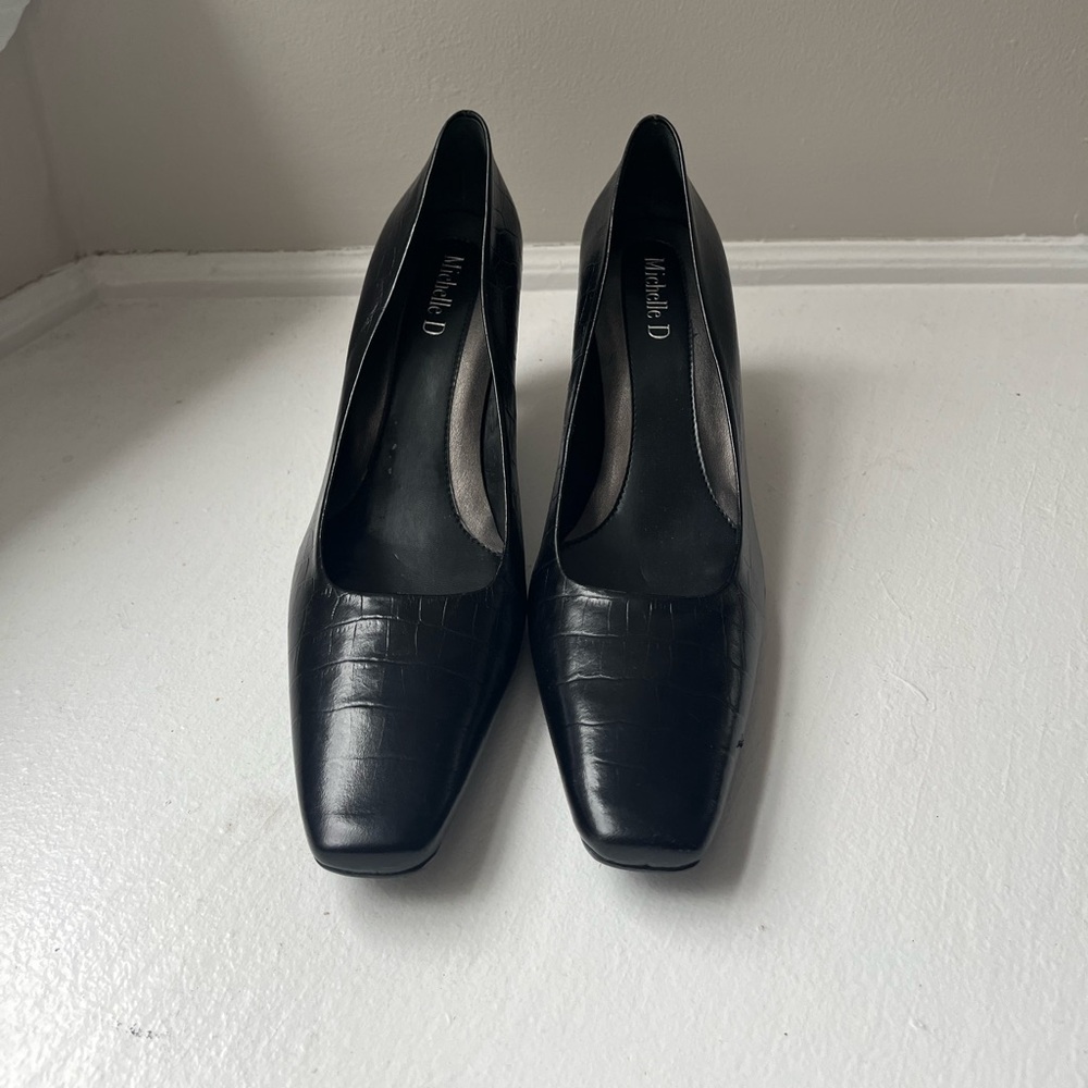 Michelle D Black Croc-Embossed Square Toe Heels
